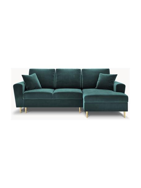 Canapé d'angle 3 places en velours avec fonction lit et rangement Moghan, Velours bleu pétrole, couleur dorée, larg. 241 x prof. 145 cm, méridienne à droite