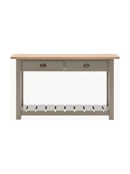 Console artisanale en bois Eton, Chêne, peinture vert olive, larg. 140 x prof. 80 cm