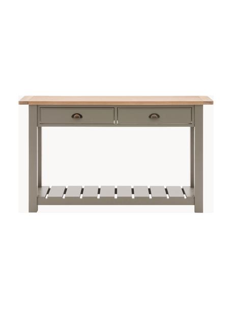 Handbeschilderde houten wandtafel Eton, Tafelblad: gelakt eikenhout, Frame: dennenhout, gelakt, Handvatten: gecoat metaal, Eikenhout, olijfgroen, B 140 x H 80 cm