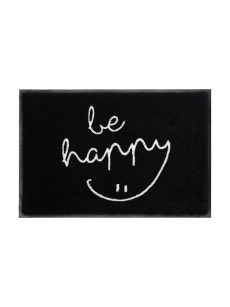 Wasbare polyamide deurmat Be Happy, Bovenzijde: polyamide, Onderzijde: rubber, Zwart, wit, B 50 x L 75 cm