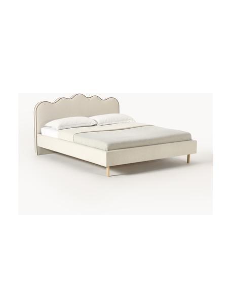 Cama tapizada Romy, con cabecero, Tapizado: 100% poliéster Alta resis, Estructura: madera de pino maciza, MD, Patas: madera de roble maciza Es, Off White, madera de roble, An 160 x L 200 cm