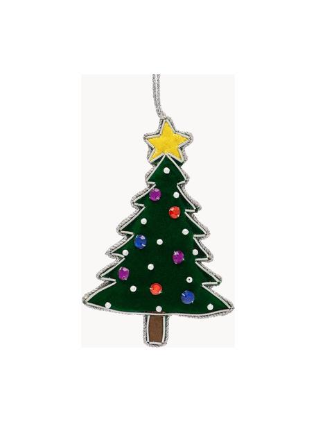 Baumanhänger Christmas Tree aus Samt, 60 % Samt (Polyester), 25 % Schaumstoff, 15 % Kunststoffperlen, Dunkelgrün, Bunt, Silberfarben, B 8 x H 11 cm