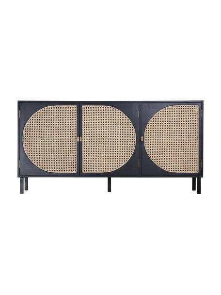 Handgemaakt dressoir Lizzie van Sungkai hout met Weens vlechtwerk, Frame: Sungkai hout, Poten: gepoedercoat metaal, Zwart, lichtbruin, messingkleurig, 160 x 81 cm