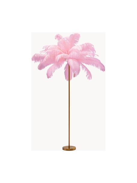 Lámpara de pie Feather Palm, Pantalla: plumas de avestruz, Estructura: acero latón, Cable: plástico, Dorado, rosa, Al 165 cm