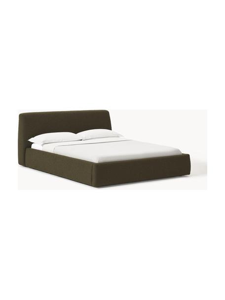 Letto imbottito in bouclé con vano contenitore Cloud, Rivestimento: bouclé (80% poliestere, 2, Piedini: legno di betulla laccato , Bouclé verde oliva, Larg. 140 x Lung. 200 cm