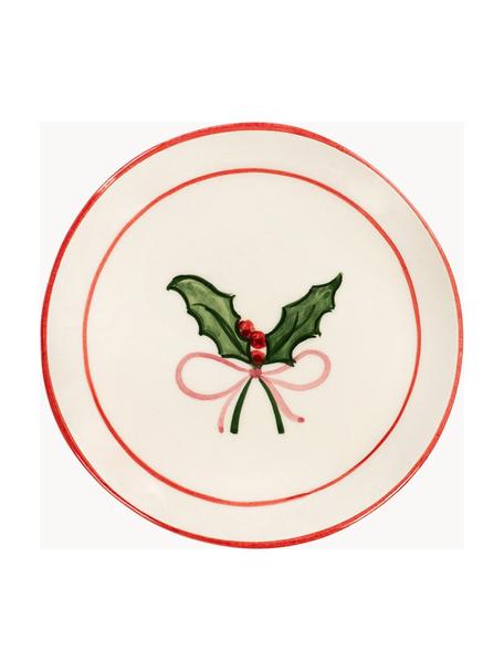 Plato postre artesanal Holly Jolly, Cerámica, Blanco Off White, verde oscuro, rojo, Ø 22 cm
