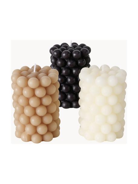 Bougies piliers de cire Pearls, 3 élém., haut. 10 cm, Cire, Blanc cassé, noir, beige, Ø 7 x haut. 10 cm