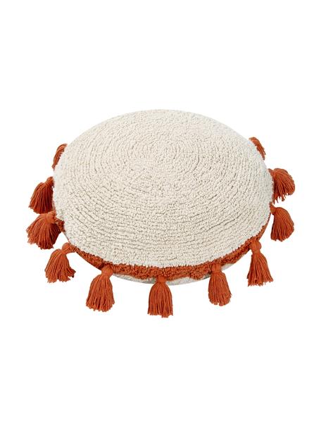 Ręcznie wykonana poduszka-przytulanka z frędzlami Circle, Tapicerka: 97% bawełna, 3% pozostałe, Kremowobiały, pomarańczowy, Ø 48 cm