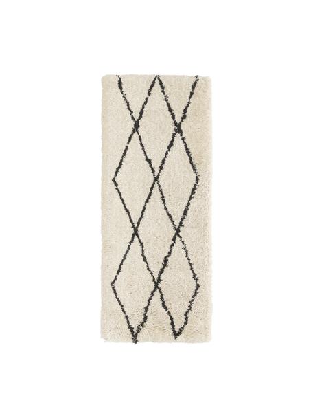 Pluizige hoogpolige loper Naima, handgetuft, Bovenzijde: 100% polyester, Onderzijde: 100% katoen, Beige, zwart, 80 x L 200 cm