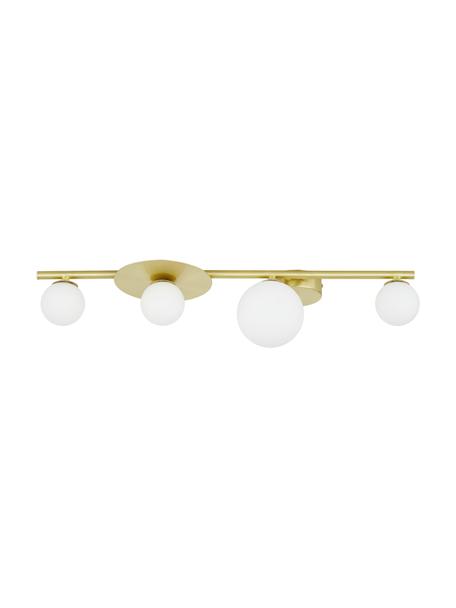 Plafondlamp Ciara van opaalglas, Baldakijn: vermessingd metaal, Baldakijn en fitting: mat messingkleurig. Lampenkappen: wit, 69 x 16 cm