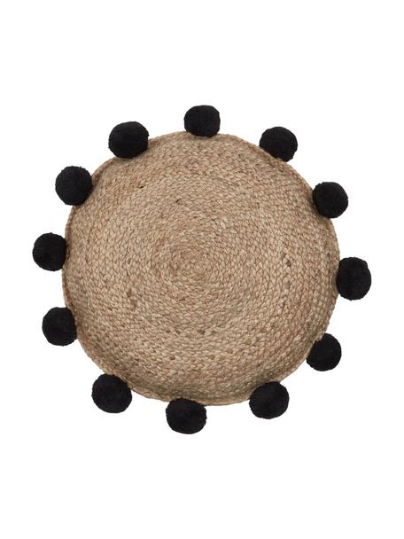 Cojín decorativo de yute con pompones Fiko, Beige, negro, Ø 40 cm