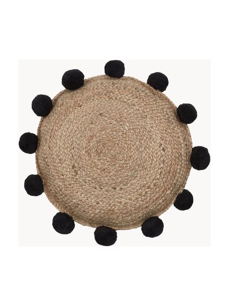 Coussin décoratif rond jute à pompons Fiko, Beige, noir, Ø 40 cm