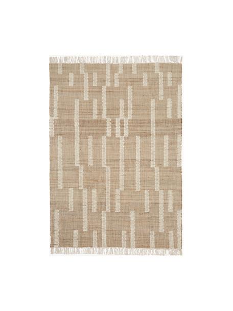 Tapis en jute à franges, fait main Kerala, 68 % jute, 23 % coton, 9 % laine, Brun, blanc crème, larg. 80 x long. 150 cm (taille XS)