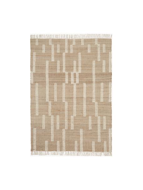 Handgemaakt jute vloerkleed Kerala met franjes, 68% jute, 23% katoen, 9% wol, Bruin, crèmewit, B 160 x L 230 cm (maat M)