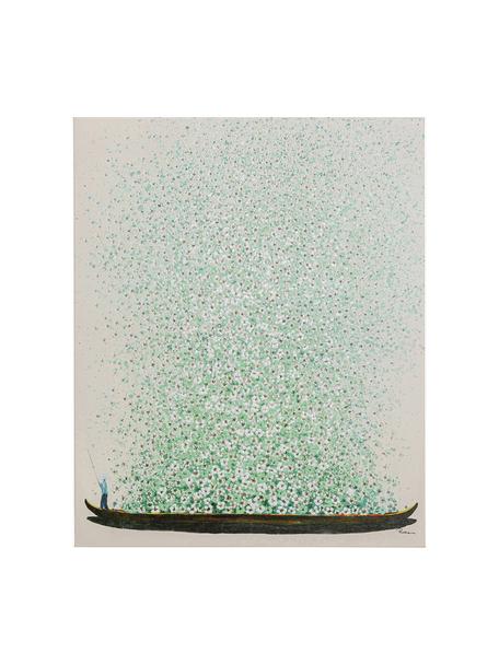 Stampa su tela dipinta a mano Flower Boat, Immagine: stampa digitale con verni, Beige, verde chiaro, Larg. 80 x Alt. 100 cm