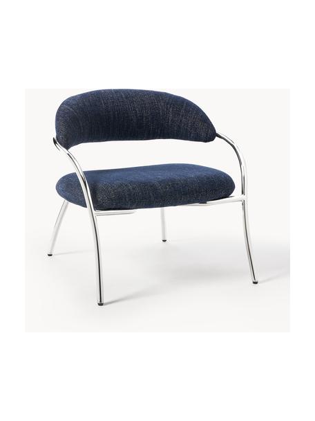 Bouclé loungefauteuil Dodo, Bekleding: bouclé (80% polyester, 20, Poten: metaal, Bouclé donkerblauw, zilverkleurig glanzend, B 74 x D 70 cm