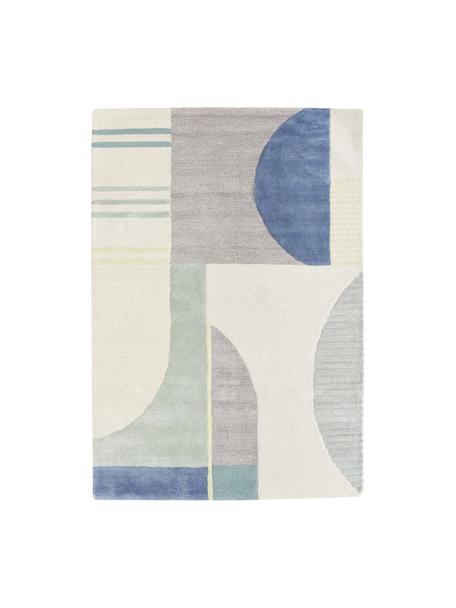 Handgetuft wollen vloerkleed Pierre met hoog-laag structuur, Bovenzijde: 58% wol, 42% viscose, Onderzijde: 100% katoen Bij wollen vl, Blauwtinten, crèmewit, B 80 x L 150 cm (maat XS)