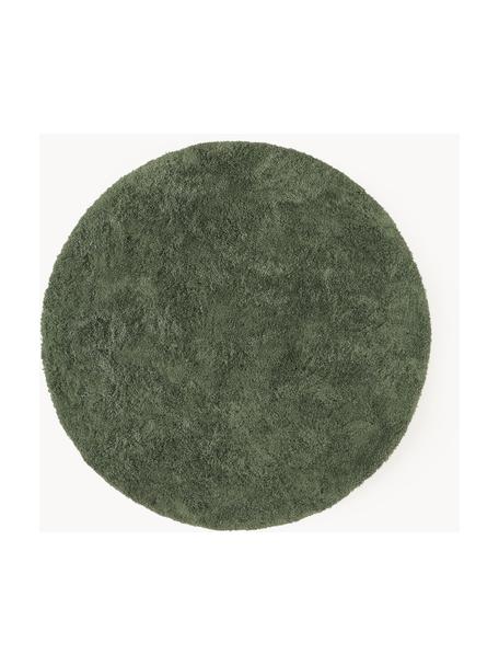 Pluizig rond hoogpolig vloerkleed Leighton, Onderzijde: 70% polyester, 30% katoen, Donkergroen, Ø 120 cm (maat S)