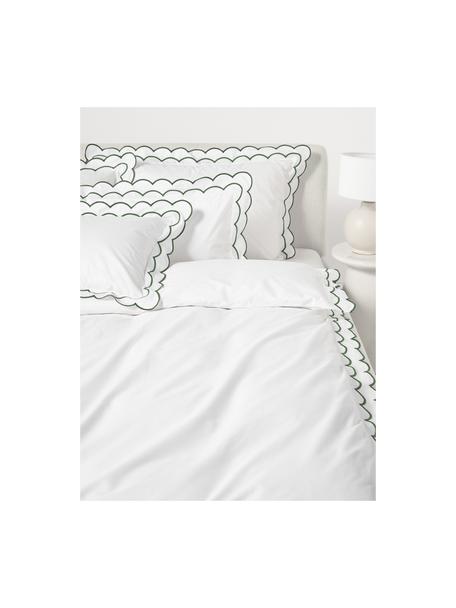 Housse de couette en percale de coton avec ourlet ondulé Atina, Blanc, vert foncé, larg. 260 x long. 240 cm