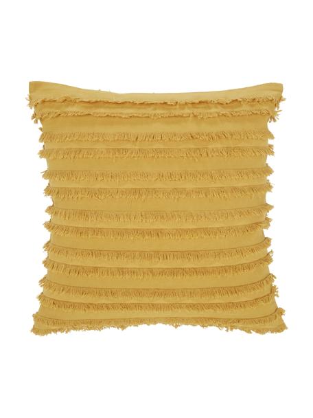 Kussenhoes Jessie in mosterdgeel met decoratieve franjes, 88% katoen, 7% viscose, 5% linnen, Mosterdgeel, B 45 x L 45 cm