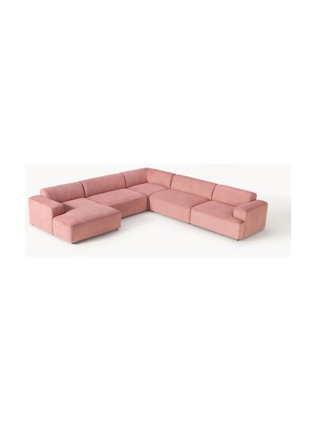 Divano ampio in velluto a coste Melva, Rivestimento: velluto a coste (92% poli, Struttura: legno massiccio di pino e, Piedini: plastica Questo prodotto , Velluto a coste rosa antico, Larg. 339 x Prof. 339 cm, chaise-longue a destra