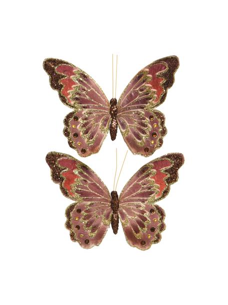 Adornos navideños irrompibles Butterflies, 2 uds., Adornos: plástico, Marrón, rosa, dorado, An 18 x Al 12 cm