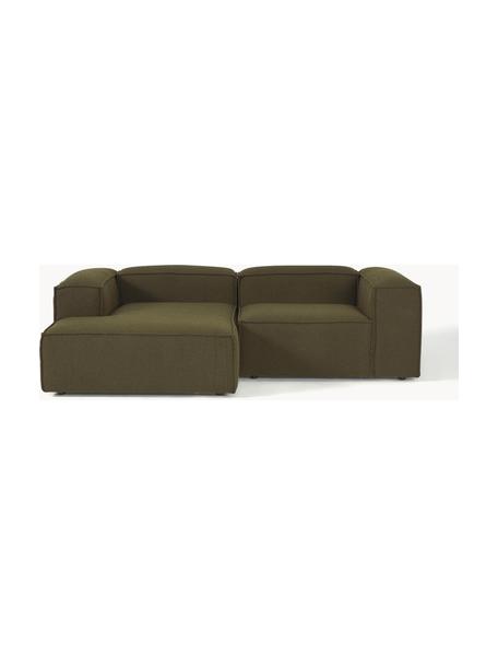 Modulares Ecksofa Lennon aus Bouclé, Bezug: Bouclé (100 % Polyester) , Gestell: Massives Kiefernholz, Spe, Füße: Kunststoff Dieses Produkt, Bouclé Olivgrün, B 238 x T 180 cm, Eckteil links