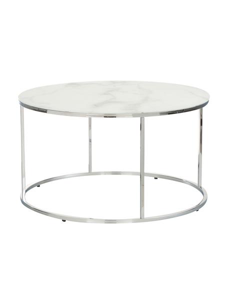 Mesa de centro Antigua, tablero de vidrio en aspecto mármol, Tablero: vidrio estampado con aspe, Estructura: acero cromado, Aspecto mármol blanco, cromo, Ø 80 cm