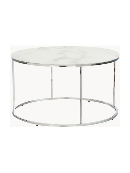 Table basse ronde avec plateau en verre aspect marbre Antigua, Blanc aspect marbre, gris chrome, Ø 80 cm
