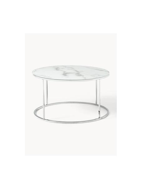 Mesa de centro Antigua, tablero de vidrio aspecto mármol, Tablero: vidrio estampado en efect, Estructura: acero cromado, Aspecto mármol blanco, plateado brillante, Ø 80 cm