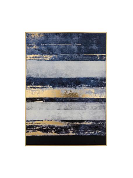 Canvasprint Strokes, Frame: grenenhout, kunststof, ge, Afbeelding: canvas, Blauw, wit, goudkleurig, 103 x 143 cm
