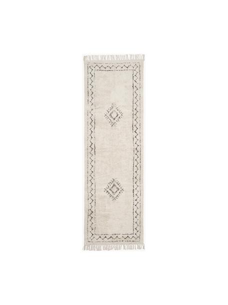 Handgeweven katoenen loper Fionn met franjes, 100% katoen, Lichtbeige, zwart, B 80 x L 250 cm