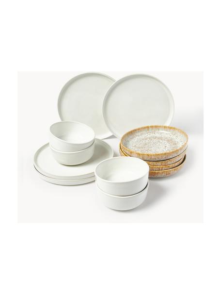 Handgemaakte serviesset Ethel, 4 personen (set van 12), Keramiek, Wit, oker, 4 personen (12-delig)