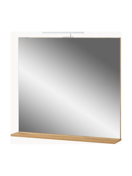 Badspiegel Ricky mit LED-Beleuchtung und Ablage, Spiegelfläche: Spiegelglas, Eichenholz-Optik, B 76 x H 75 cm