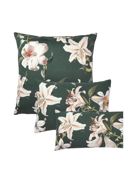 Taie d'oreiller en satin de coton avec imprimé floral Flori, Vert foncé, beige, larg. 50 x long. 70 cm