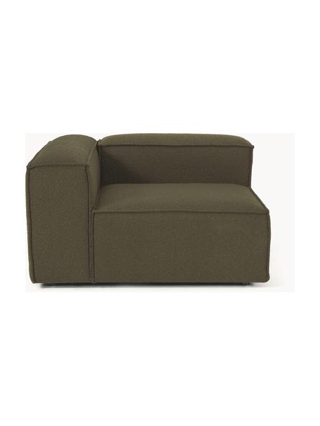 Hoekmodule Lennon uit bouclé, Bekleding: bouclé (100% polyester) M, Frame: massief grenenhout, FSC-g, Poten: kunststof, Bouclé olijfgroen, B 119 x D 119 cm, hoekdeel links