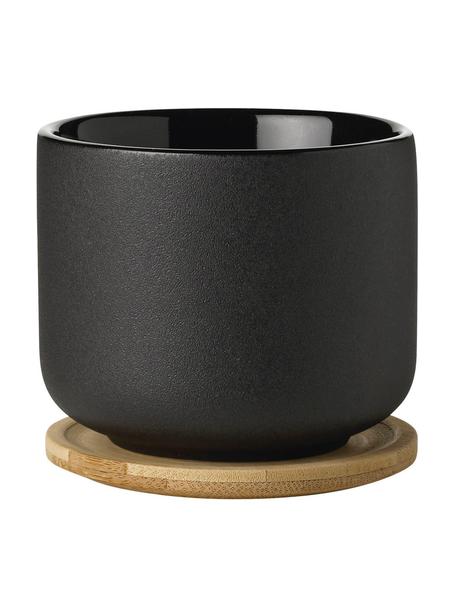 Becher Theo mit Deckel/Untersetzer, Becher: Feinsteinzeug, Deckel: Bambus, Schwarz, Ø 9 x H 9 cm, 200 ml