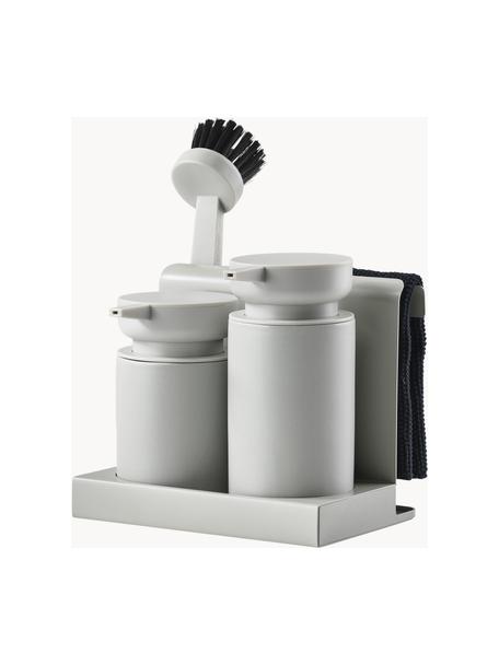Distributeur de liquide vaisselle avec accessoires Diish, 5 élém., Plastique, grès cérame, Gris clair, larg. 18 x haut. 17 cm