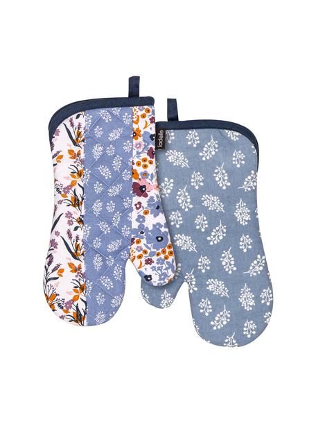 Ovenwanten Homespun met bloemmotief, set van 2, 100% katoen, Blauw, meerkleurig, B 18 x L 33 cm