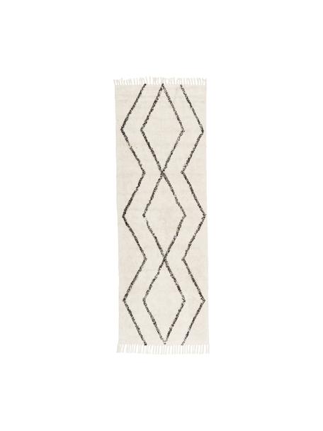 Handgetufteter Baumwollläufer Bina mit Rautenmuster und Fransen, 100% Baumwolle, Beige, Schwarz, B 80 x L 250 cm