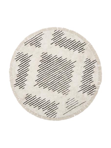 Alfombra redonda artesanal de algodón con flecos Fini, estilo boho, 100% algodón, Beige, negro, Ø 120 cm (Tamaño S)