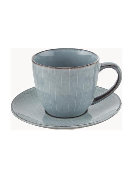 Tasse avec sous-tasse artisanales Nordic Sea, Grès cérame, Gris-bleu, chiné, Ø 8 x haut. 7 cm, 150 ml