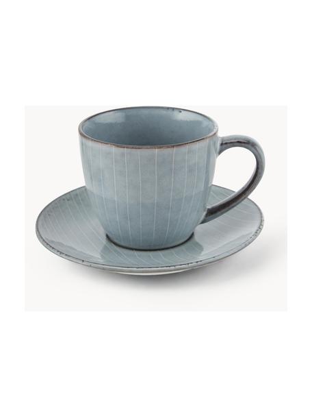 Handgemachte Kaffeetasse Nordic Sea mit Untertasse, Steingut, Graublau, gesprenkelt, Ø 8 x H 7 cm, 150 ml