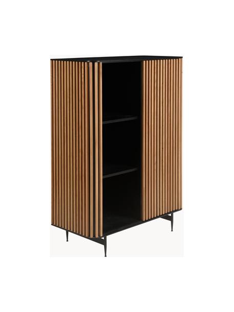 Credenza alta con anta scorrevole e frontale scanalato Linea, Piedini: metallo verniciato, Nero, legno di quercia, Larg. 98 x Alt. 135 cm