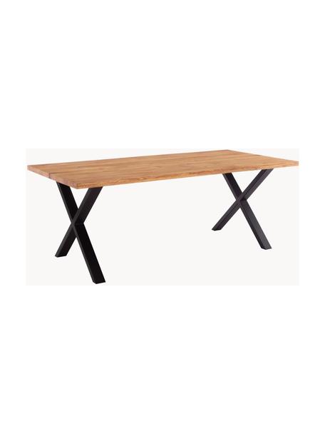 Tavolo da pranzo con piano in legno massiccio Montpellier, 200x95 cm, Struttura: metallo verniciato a polv, Legno di quercia, nero, Larg. 200 x Prof. 95 cm