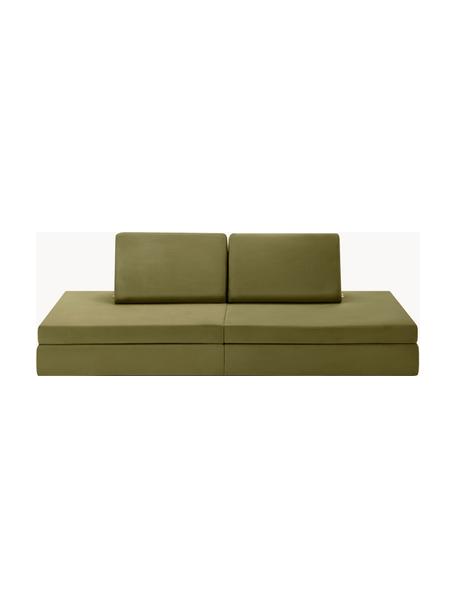 Modulaire kinderbank Mila van fluweel, handgemaakt, Bekleding: fluweel (100% polyester), Fluweel olijfgroen, B 168 x D 84 cm