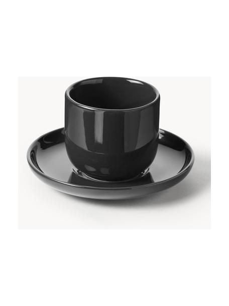 Tasses à expresso en porcelaine avec sous-tasses Nessa, 4 pièces, Porcelaine de haute qualité, émaillé, Gris foncé, haute brillance, Ø 7 x haut. 6 cm, 90 ml