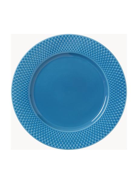 Plato llano artesanal de porcelana Rhombe, 4 uds., Porcelana, Azul, Ø 27 cm