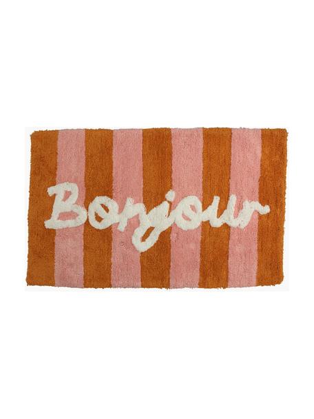 Tapis de bain tufté main en coton Bonjour, 100% coton, Orange, vieux rose, blanc, larg. 50 x long. 80 cm