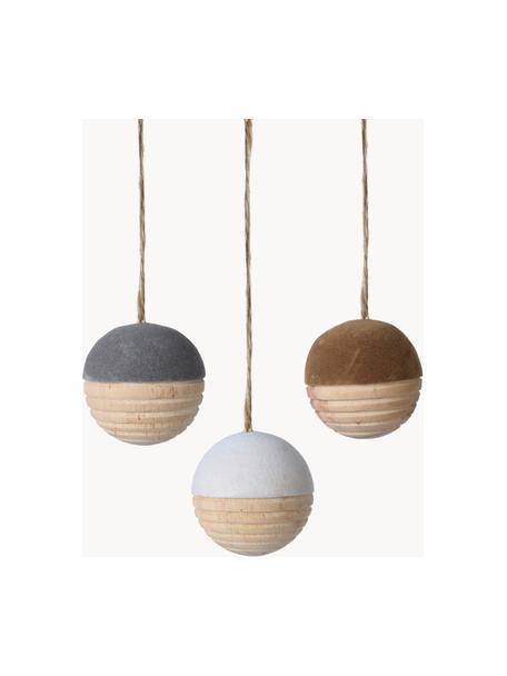 Adornos navideños de madera Maggie, 3 uds., Tablero de fibras de densidad media (MDF), Madera, gris oscuro, marrón, blanco, Ø 6 x Al 6 cm